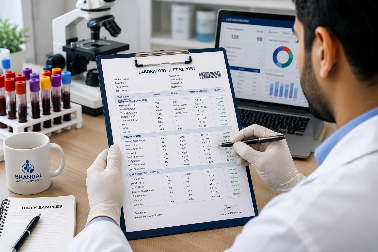 Lab technician reviewing blood test report